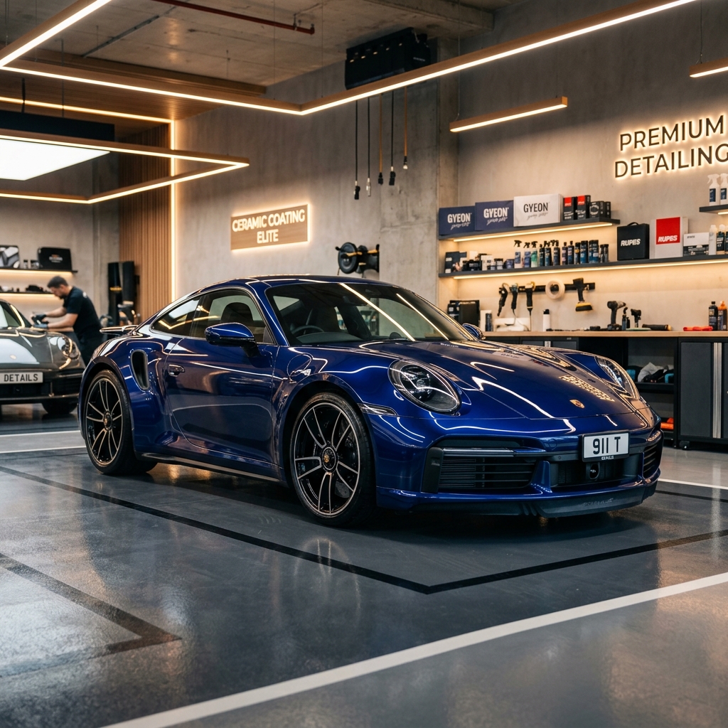 A highly glossy luxury car sitting in a professional detailing studio showing the results of ceramic coating
