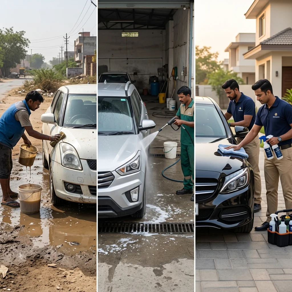 Comparison of roadside, garage, and professional doorstep car wash services in Dehradun