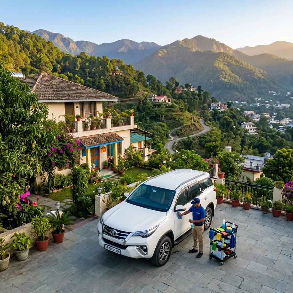 Carmaa Car Care doorstep car wash service in Dehradun with mountains in background