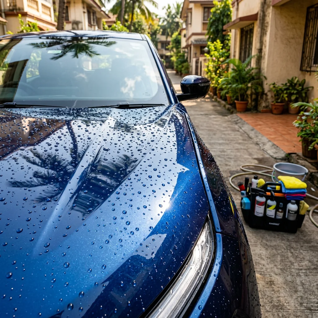 Close-up of freshly detailed car hood with water beading effect showing professional paint protection
