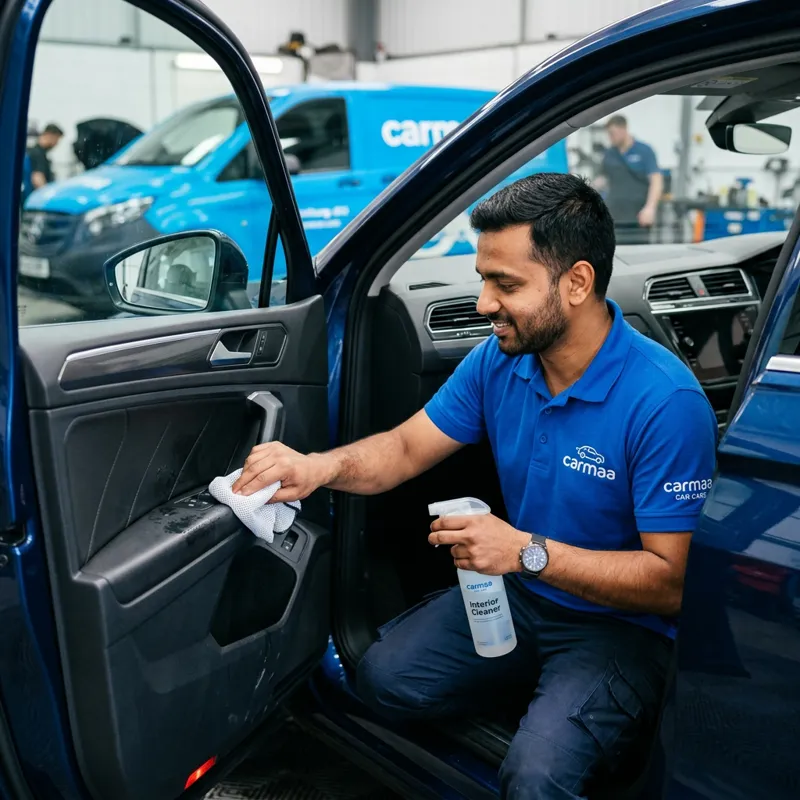 Carmaa technician sanitizing a car interior during dry cleaning