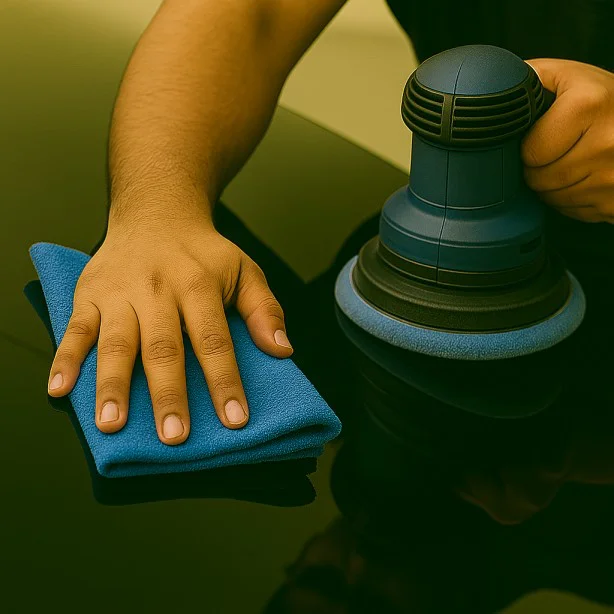 A dual-action machine polisher being used to restore and bring back clarity to a car surface