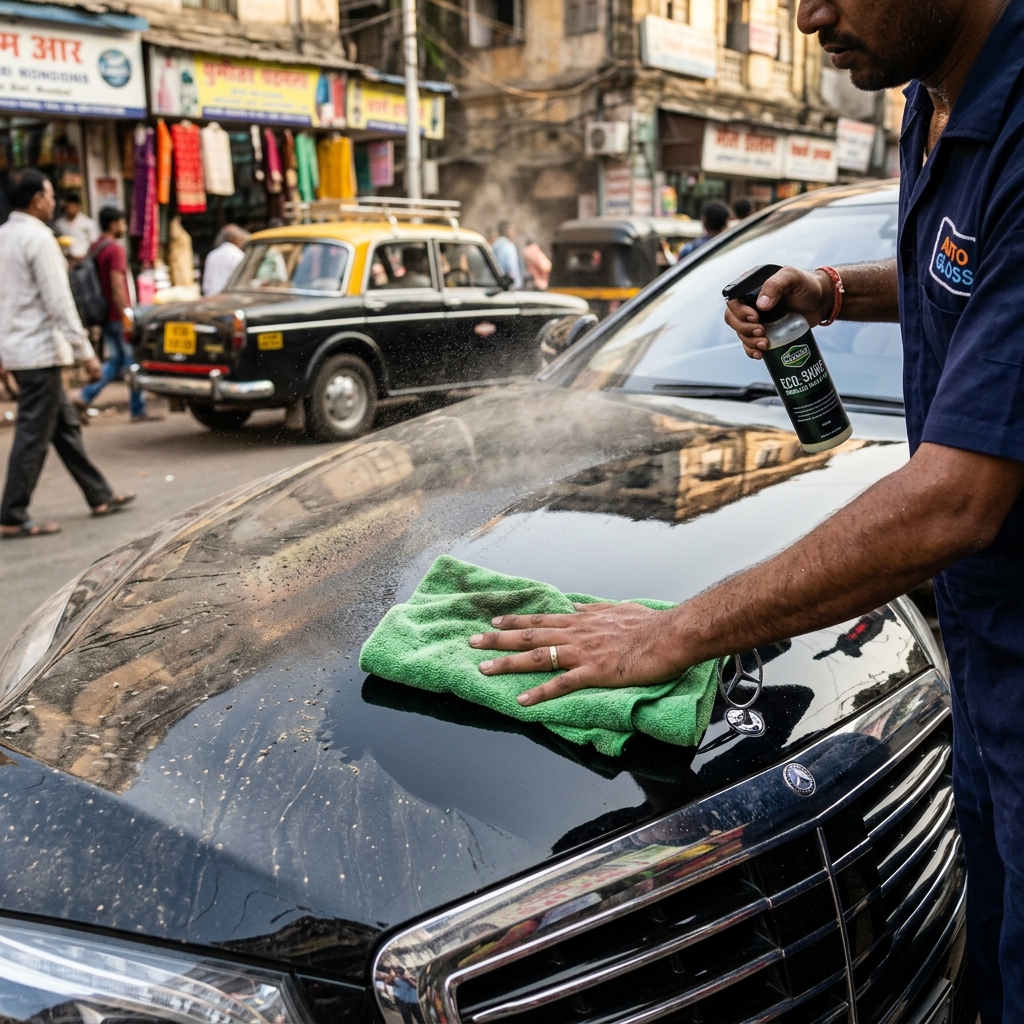 Professional car washing in a dusty Indian city