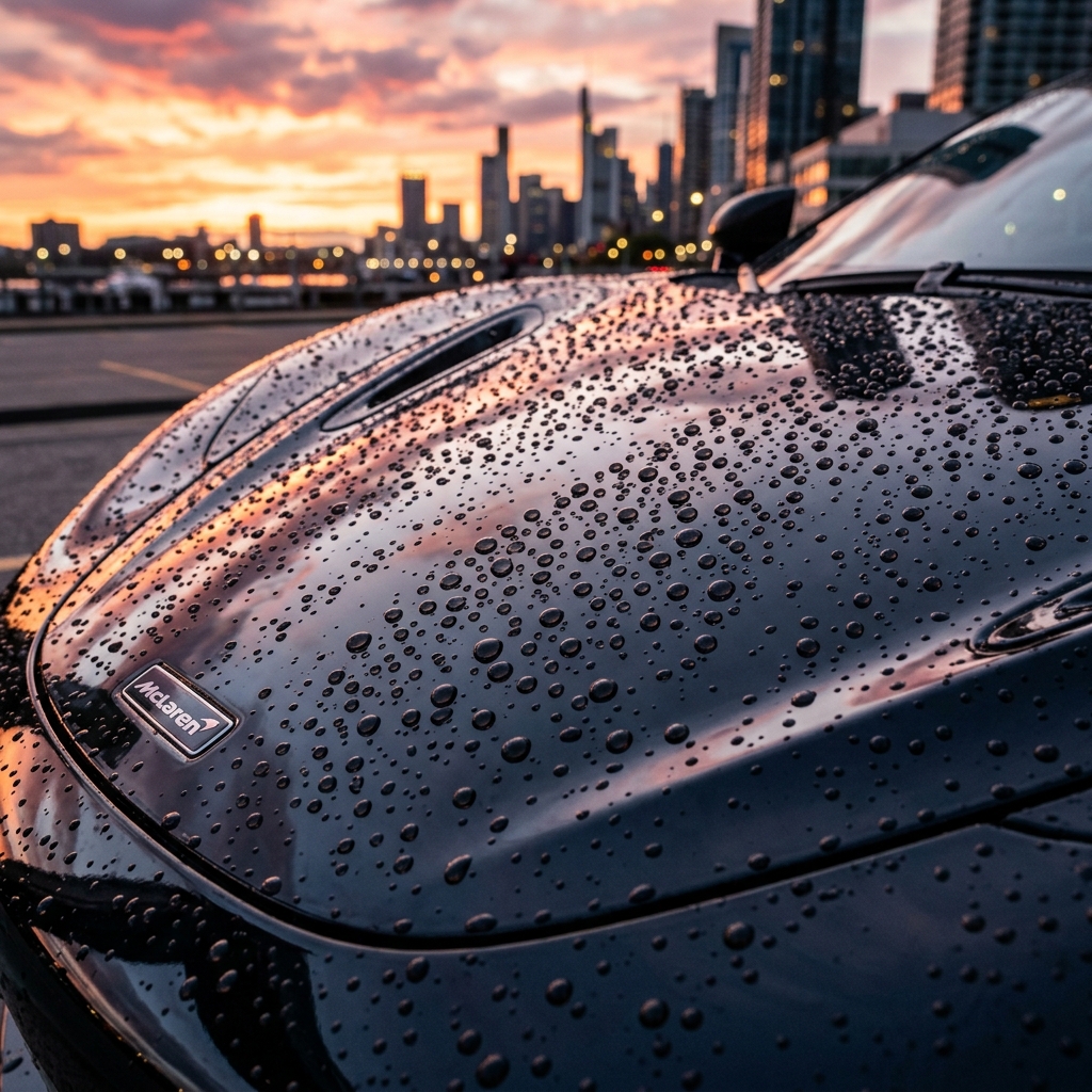 Macro shot of water beading on a ceramic coated car